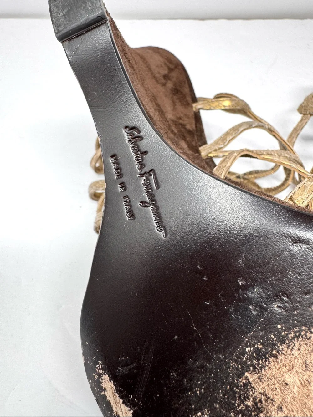 SALVATORE FERRAGAMO gold mesh leather/suede wedges, made in Italy, size 9.5